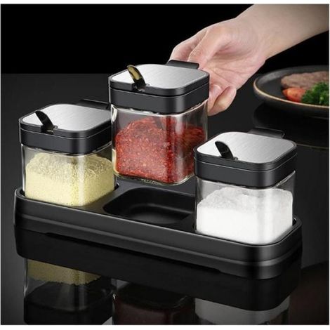 Boîte À Assaisonnement - Verre Trempé - Couvercle Acier Inoxydable - Cuillère Intégrée - 235 ml - Pour Cuisine Maison Et Professionnelle (1/5)