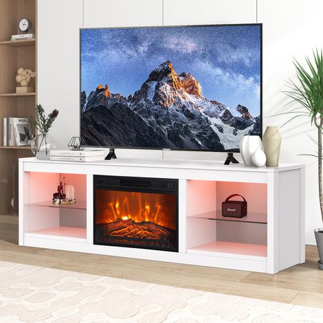 Parrot Uncle TV-Lowboard mit Elektrokamin 168 cm, TV-Schrank mit 23 Zoll LED-Flammeneffekt und RGB-Beleuchtung, für Fernseher bis 75 Zoll, Stauraum, Weiß