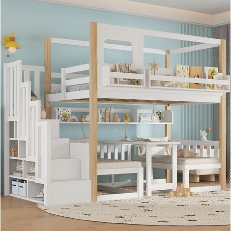 Letto a castello 90x200 cm con scrivania, scala portaoggetti, tavolo pieghevole regolabile e rete a doghe, bianco, senza materasso (1/5)