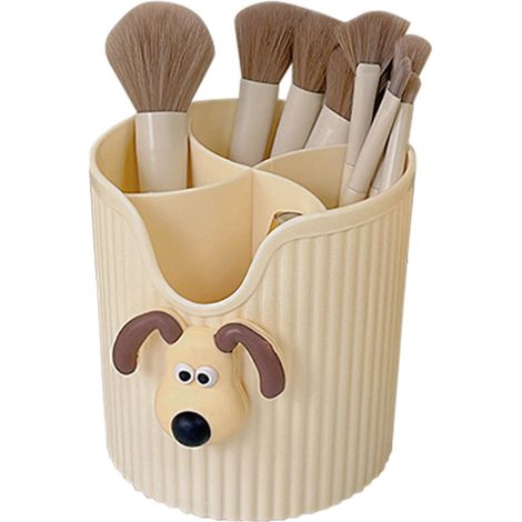 Porte-crayons de bureau à 4 compartiments, grande capacité, motif tête de chien jaune laiteux, idéal pour les fournitures scolaires. Organisateur de pinceaux de maquillage. (1/5)