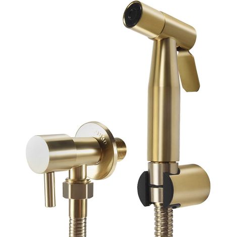 Kit de robinetterie pour WC et bidet, finition or brossé, douchette de bidet murale avec vanne d'arrêt (1/5)