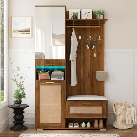 Ingresso con specchio, illuminazione LED, ripiano aperto, 6 ganci e scarpiera, in MDF, naturale (1/5)