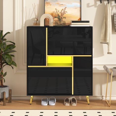 Meuble à chaussures moderne avec éclairage LED RGB - 80x25x96 cm - façade laquée noire brillante (1/5)