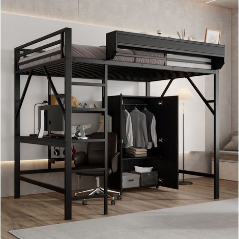 Hochbett 140x200 cm Schwarz aus MDF und Metall mit Schreibtisch, Kleiderschrank und Stauraum (1/5)