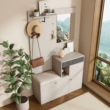 MODFU-Perchero con espejo y taburete, MDF, zapatero con 1 cajón, armario, 110x185,5x37 cm, beige (1/5)