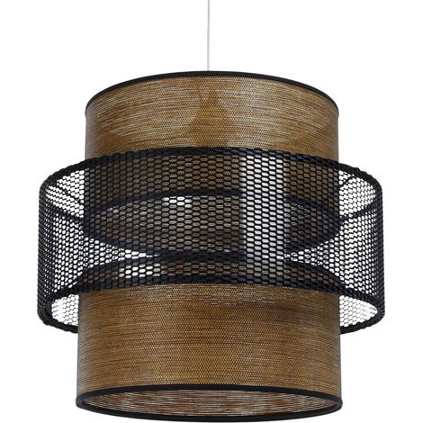 Suspension Doblo long - Abat-jour en tissu structuré bois foncé marron entouré d'une maille noir (1/5)