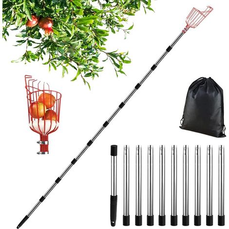 Cueille-Fruits avec Manche Télescopique 4,3 m, Cueille-Fruits Télescopique en Acier Inoxydable, Griffe à Pommes, Outil de Cueillette pour Poires, Pêches, Diamètre 145 mm (1/5)