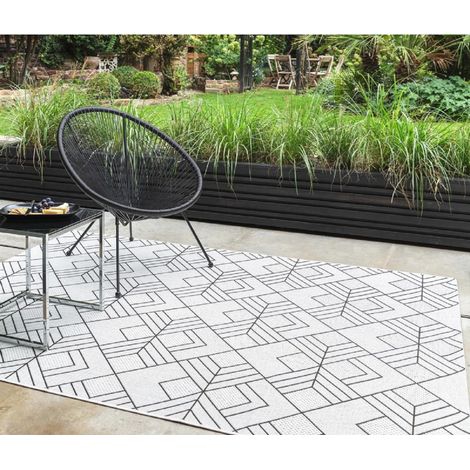 Patio Deco Geometric Diamond Garden Kitchen Indoor Outdoor Ivory Black Rug Medium Floor Mat 120 x 170 cm (4'x5'6")