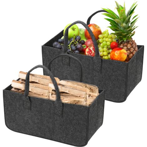 SWANEW Set di 2 sacchetti in feltro Cestino per legna da ardere Borsa per la spesa in feltro Porta giornali Cesto per tronchi grande Drak Grey 50x25x25cm (1/5)