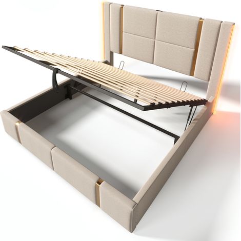 Letto contenitore matrimoniale 180x200 beige in lino con LED USB-C e rete a doghe (1/5)