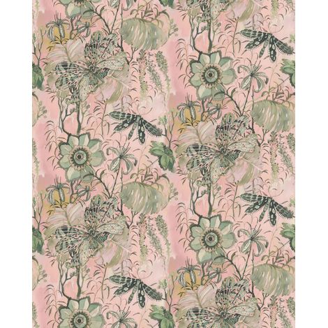papier peint panoramique fleurs & papillons rose et vert  - Komar