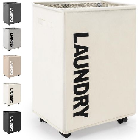 Faltbarer Wäschekorb 65L mit Rädern und Griff, Oxford-Gewebe, Beige (1/5)