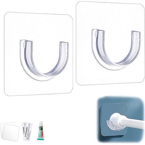 Tringle à rideaux télescopique blanche non perforée pour meuble de rangement de cuisine et de salle de bain, avec support à crochets et clips. (1/5)