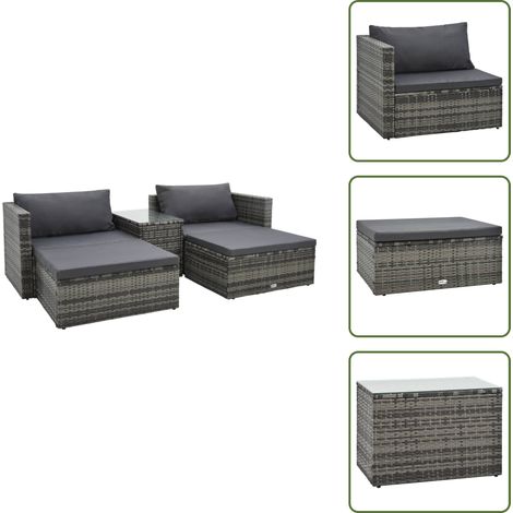 5-tlg. Garten-Lounge-Set mit Auflagen Poly Rattan Grau - Gartenmöbel - Rattan Gartenmöbel - Outdoor Lounge Set - Sitzgarnitur - Garten Sofa (1/5)