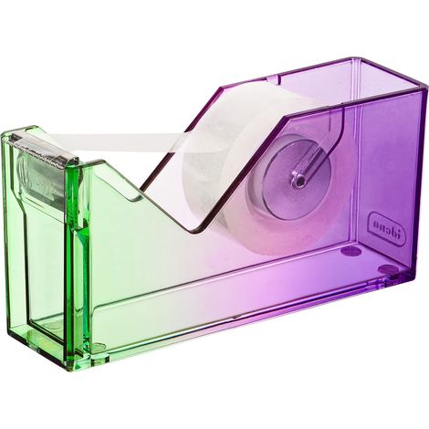 Dérouleur de ruban adhésif avec lame métallique, 1 rouleau de ruban adhésif inclus, dérouleur violet-vert, dimensions env. 12,6 x 3,6 x 6,2 cm, adapté pour l'école et le bureau (1/4)
