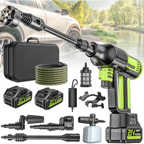 Pressure Washer Nettoyeur Haute Pression sans Fil 4 Vitesses Max. 120 Bar avec 2 Batteries 4,0 Ah, buse rotative 6 en 1 et 180 °,Tuyau De 5 M,Nettoyage Arrosage