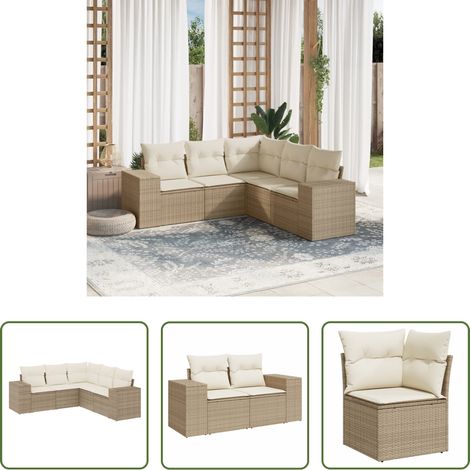 Gartensessel -  5-tlg. Garten-Sofagarnitur mit Kissen Beige Poly Rattan (1/5)