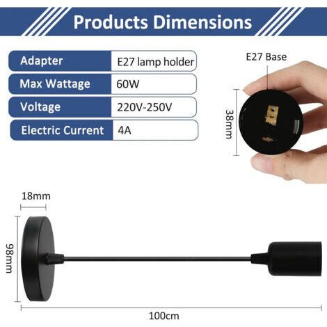 NALOOKAMIC  Lot de 2 suspensions de lampe E27, avec câble de suspension de 100 cm, douille E27, pour plafonnier, lampe suspendue, salon (noir)