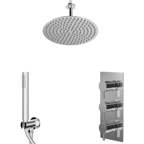 Circo Polished Chrome Concealed Triple Thermostatic Shower Valve and 300mm Round Head with 150mm Ceiling Arm and Outlet Holder with Kit - 2 Outlet (1/5)