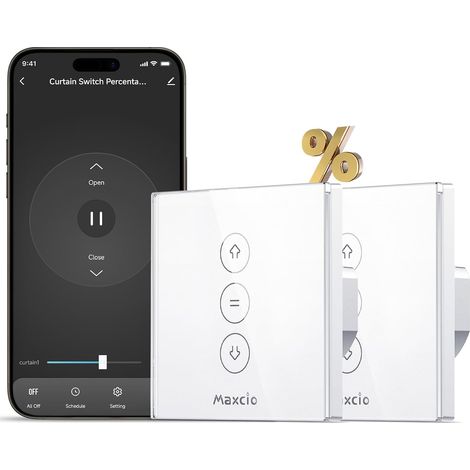 Interrupteur Volet Roulant Connecté WiFi avec Contrôle de Pourcentage, Interrupteur de Rideau Intelligent Compatible avec et , Minuterie, Fil Neutre Requis, 2 Packs (1/5)