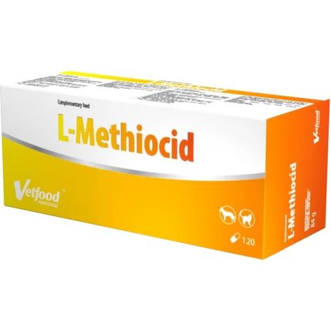 Suplemento para el tracto urinario VetFood L-Metiocid para perros y gatos, 120 cápsulas.