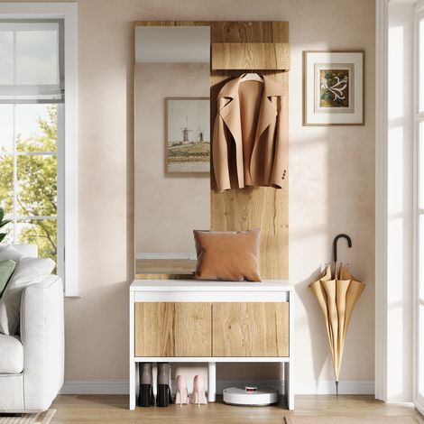 Set ingresso 60x38x145 cm con appendiabiti, specchio, scarpiera, 2 cassetti, truciolato bianco e naturale (1/5)