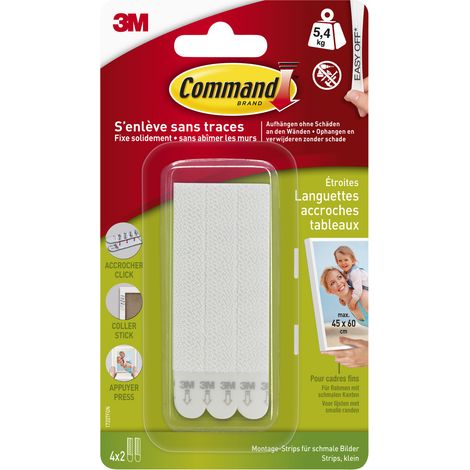 Languettes accroche tableaux Command™, blanches, étroites, 4 paires (8 languettes)