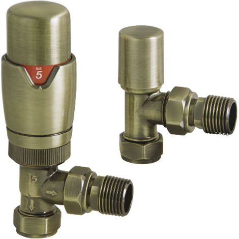 Heatwave Prime Brushed Brass Angled Thermostatic Radiator Valve Set