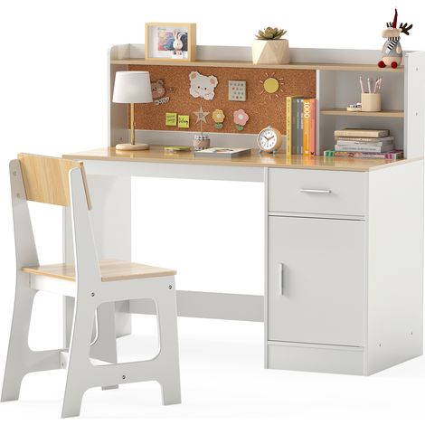 Costway – Bureau enfant avec étagères et tiroir – Chaise ergonomique – Tableau en liège intégré – Dimensions 109,5x48x100,5 cm – Pour 3 ans et plus