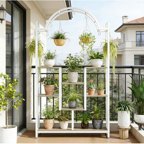 Porte-plantes 5 niveaux avec crochets métal bois blanc OKMYHOME (1/5)