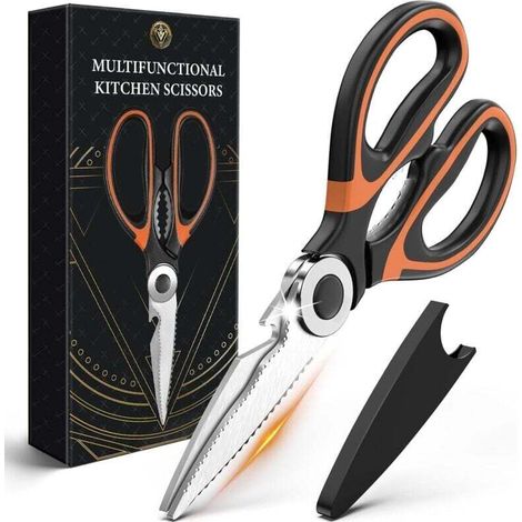 Ciseaux de Cuisine Professionnel Multiusage, Ciseaux Cuisine Cranteur en Acier Inoxydable Lame Sharp avec Couvercle de Lame Poignée Antidérapante pour Poulet Poisson Viande Légumes Herbes Os Noix (1/4)
