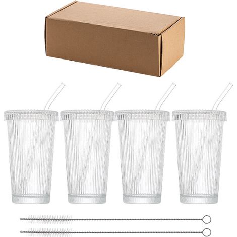 Lot de 4 verres à eau en verre côtelé style rétro motif tournesol en relief avec couvercles et pailles pour boissons chaudes ou froides (1/4)