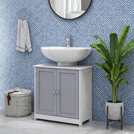 Meuble vasque moderne blanc et gris en forme de U avec étagère intérieure réglable (1/5)