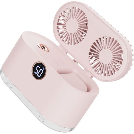Ventilateur humidificateur 2 en 1 compact, rechargeable par USB, à double pale, portable et puissant, idéal pour le bureau et la chambre (rose). (1/5)