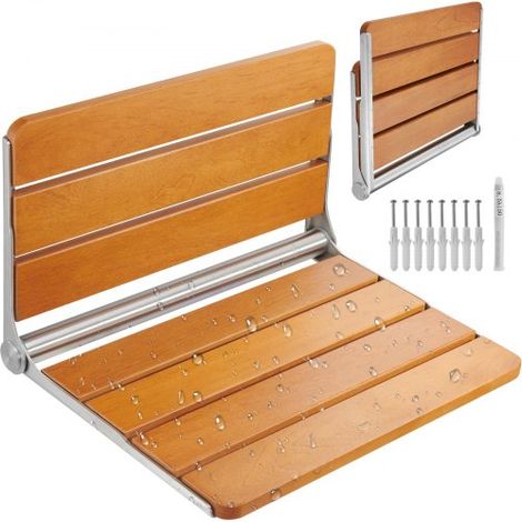 Klappbarer Duschsitz Teak, wandmontierte hochklappbare Duschbank mit 227 kg Tragkraft, platzsparender herunterklappbarer Duschstuhl für Senioren, Schwangere, Kinder 530 x 406 x 318 mm