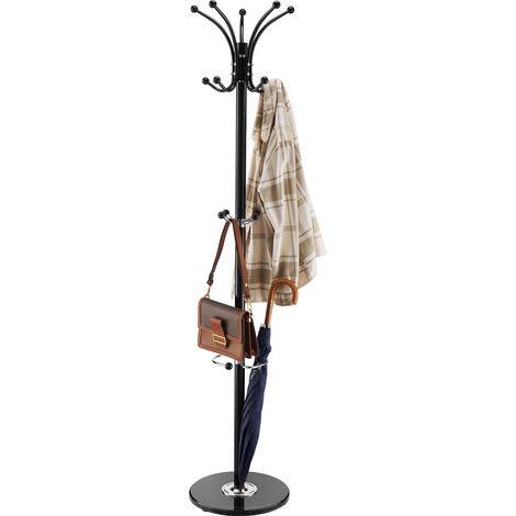 Porte-manteau métal sur pied avec porte-parapluie et base en marbre, 14 crochets pour chapeaux et sacs, parfait pour l'entrée. (1/5)