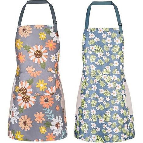 Lot de 2 tabliers floraux avec poches pour femmes, imperméables et réglables, pour la cuisine, le jardinage et le salon (1/5)
