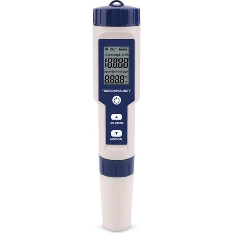 5-in-1 Wasserqualitätstester: pH-Wert, EC/TDS, Temperatur, Salzgehalt, Leitfähigkeit, Teststift mit Hintergrundbeleuchtung, für Schwimmbäder, Aquarien und Trinkwasser (1/4)