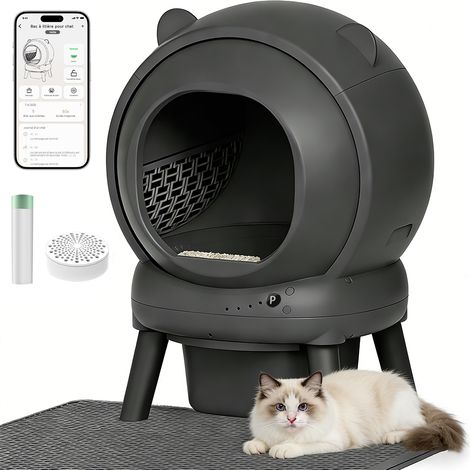 Litière chat autonettoyante capacité maximale de 65l, bac à litière pour chat alerte intelligente via contrôle app, surveillance santé, capteur infrarouge, adapté à de nombreux types de litière
