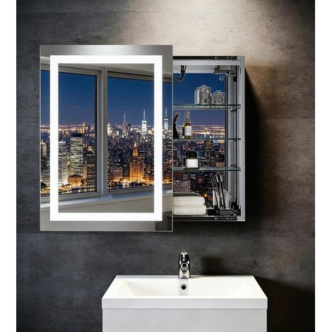 Armoire de salle de bain à LED avec porte coulissante simple et fonction anti-buée, miroir mural en acier inoxydable poli, miroir cosmétique sans cuivre de 4 mm, étagères réglables (1/5)
