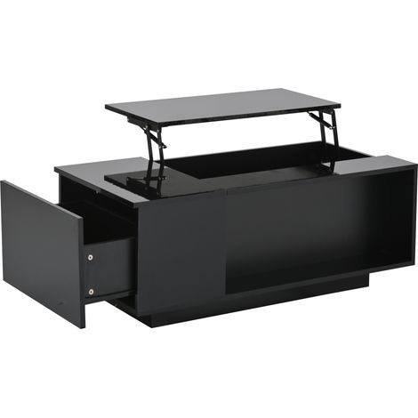 ELVMI Table basse relevable avec 1 Tiroir, rangement caché et étagère semi-ouverte LED, Salon, 100×50×40 cm (1/5)