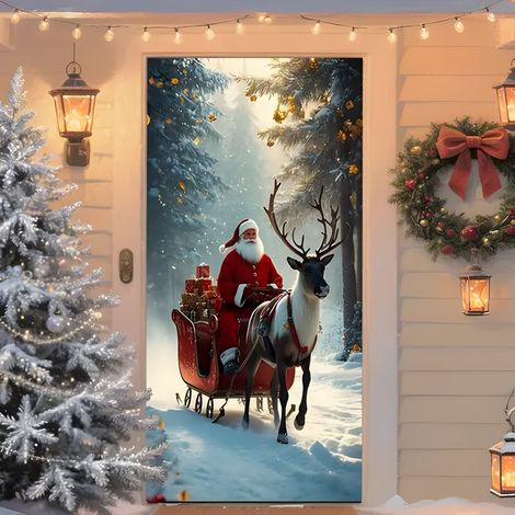 Nouvelle décoration de porte de Noël, motif Père Noël, pour jardin, cour ou extérieur - 90 x 180 cm (perforée + ruban) - 1 pièce