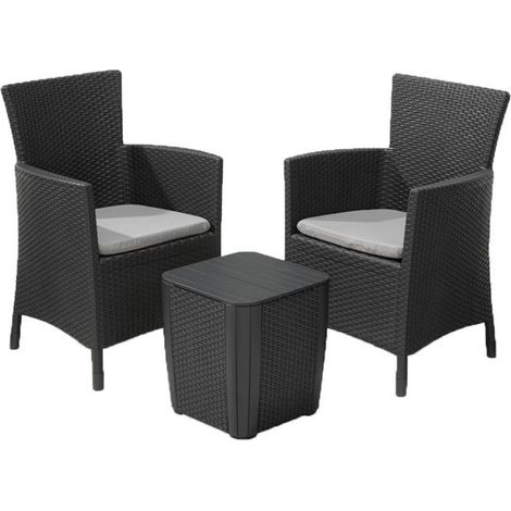 Keter – Ensemble table et chaise de jardin en résine synthétique – 2 fauteuils avec coussins – Table basse coffre 39x39x42cm – Résistant aux intempéries (1/10)