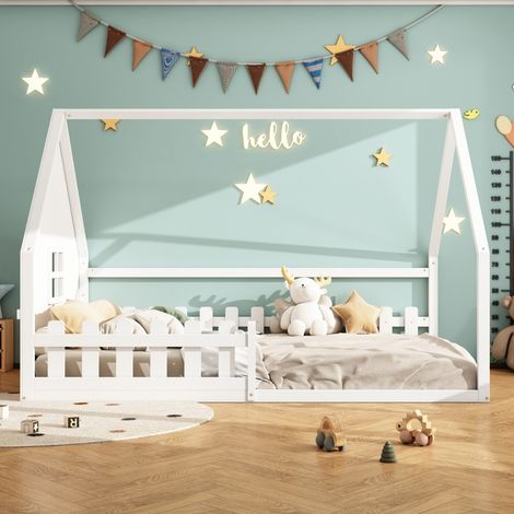 Lit Enfant 140x200 cm blanc - Lit Plat Sécurisé avec Barrière de Protection - Structure Renforcée - Literie Junior(sans Matelas) (1/5)
