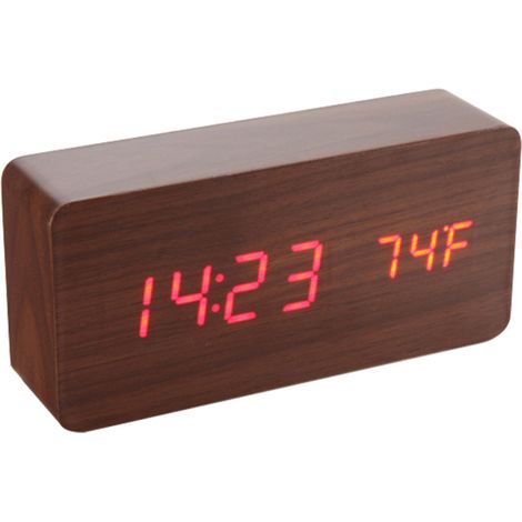 Reloj despertador electrónico de madera con dos pantallas que muestran la hora, la temperatura y la fecha, tres niveles de brillo y control por voz. (1/5)