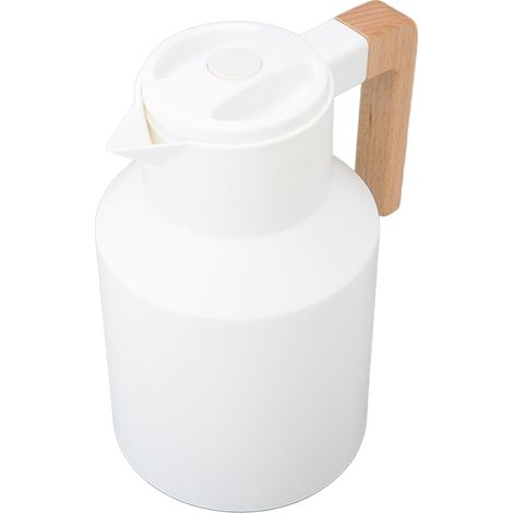 Isolierte 1000-ml-Karaffe mit Holzgriff und doppelwandiger Vakuumisolierung, ideal für Tee, Säfte und Kaffee (weiß). (1/5)