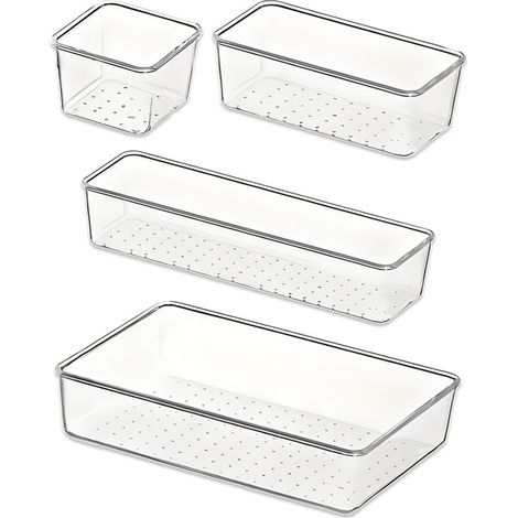 Ensemble de rangement – 4 boîtes de rangement transparentes de différentes tailles – Séparateurs de tiroir empilables en plastique pour maquillage, bureau, cuisine et salle de bain (1/5)