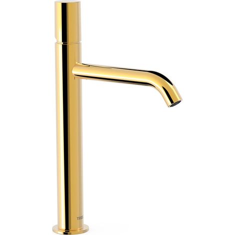 TRES 26130701OR STUDY Grifo Monomando Caño Alto para Lavabo Color Oro 24K - ref: 26130701OR