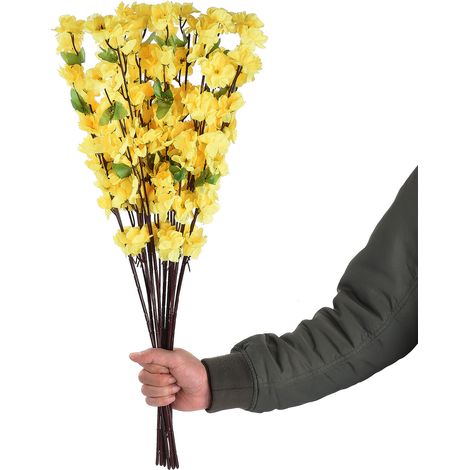 10 Stück gelbe künstliche Pfirsichblütenzweige, künstliche Blüten, Dekoration für Zuhause, Partys und Hochzeiten (1/5)
