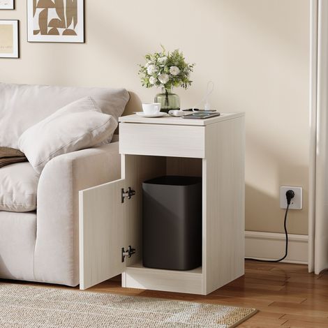 Mesita de noche con 1 cajón, estación de carga USB y enchufe, papelera incluida, para dormitorio, MDF, Blanco, 33×40×61.5 cm (1/5)